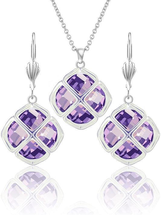 Qinpan 14MM Crystal Pendant Dangle Necklace Earrings Sets for Women Glod Plated Costume Jewelry, 38*17.8mm, Platinum, Cubic Zirconia
