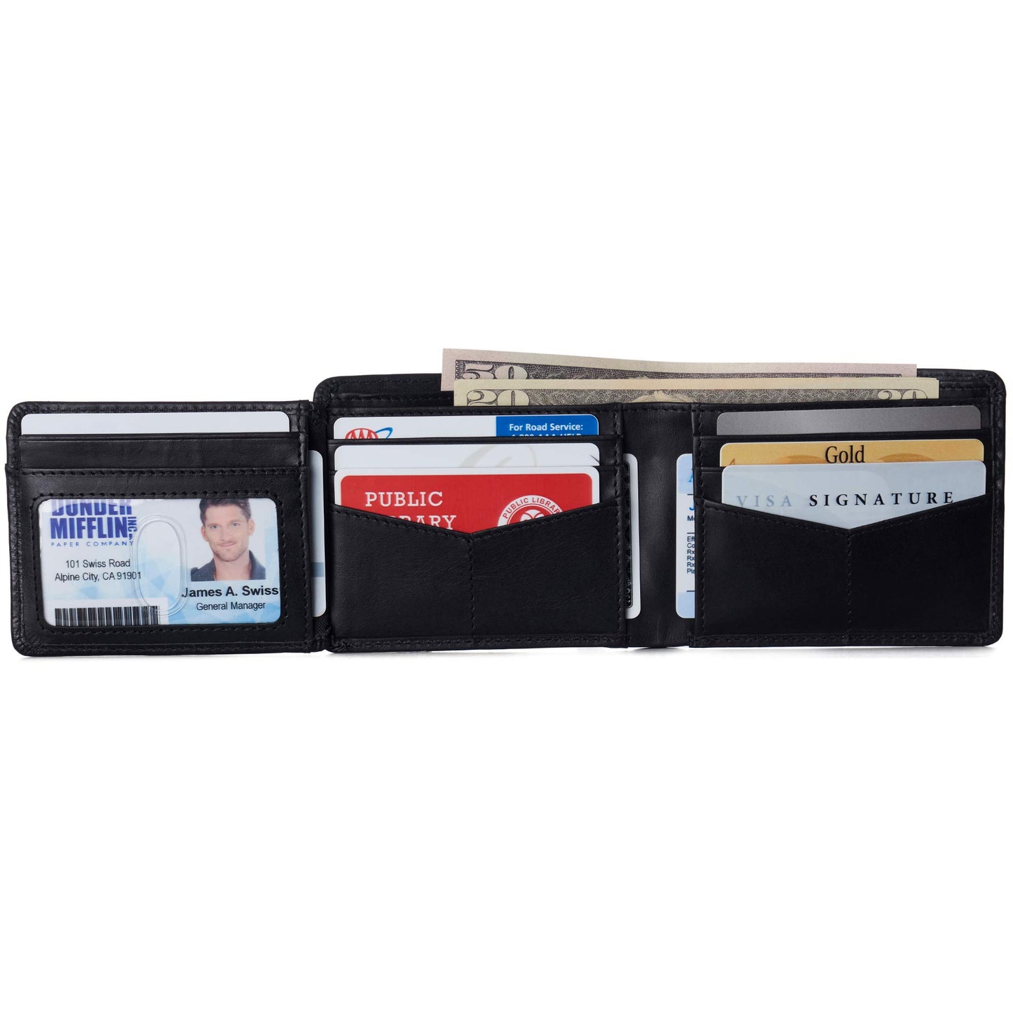 Alpine Swiss Mens Wallet for Men | RFID Protected Leather Mens Wallet | Spencer Bifold with Divided Bill Section | Gift Box | 2 ID Windows | 14 Card Storage Pockets for Organization Glossy Nappa Black