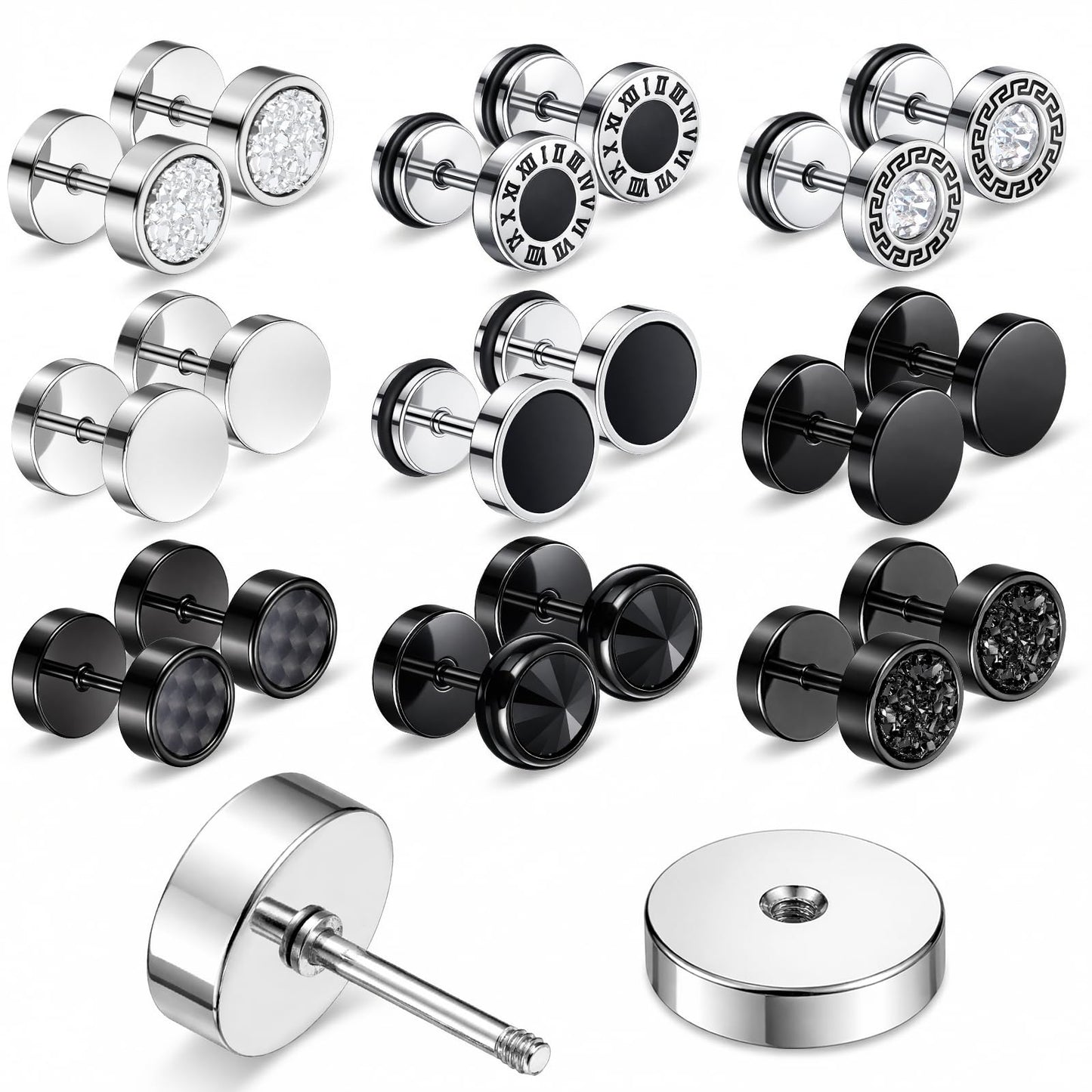 JJUNW 9Pairs Fake Gauge Earrings|, Earrings Studs Round Faux Gauges, Stud Earrings Stainless Steel Illusion Tunnel Plug for Women Men
