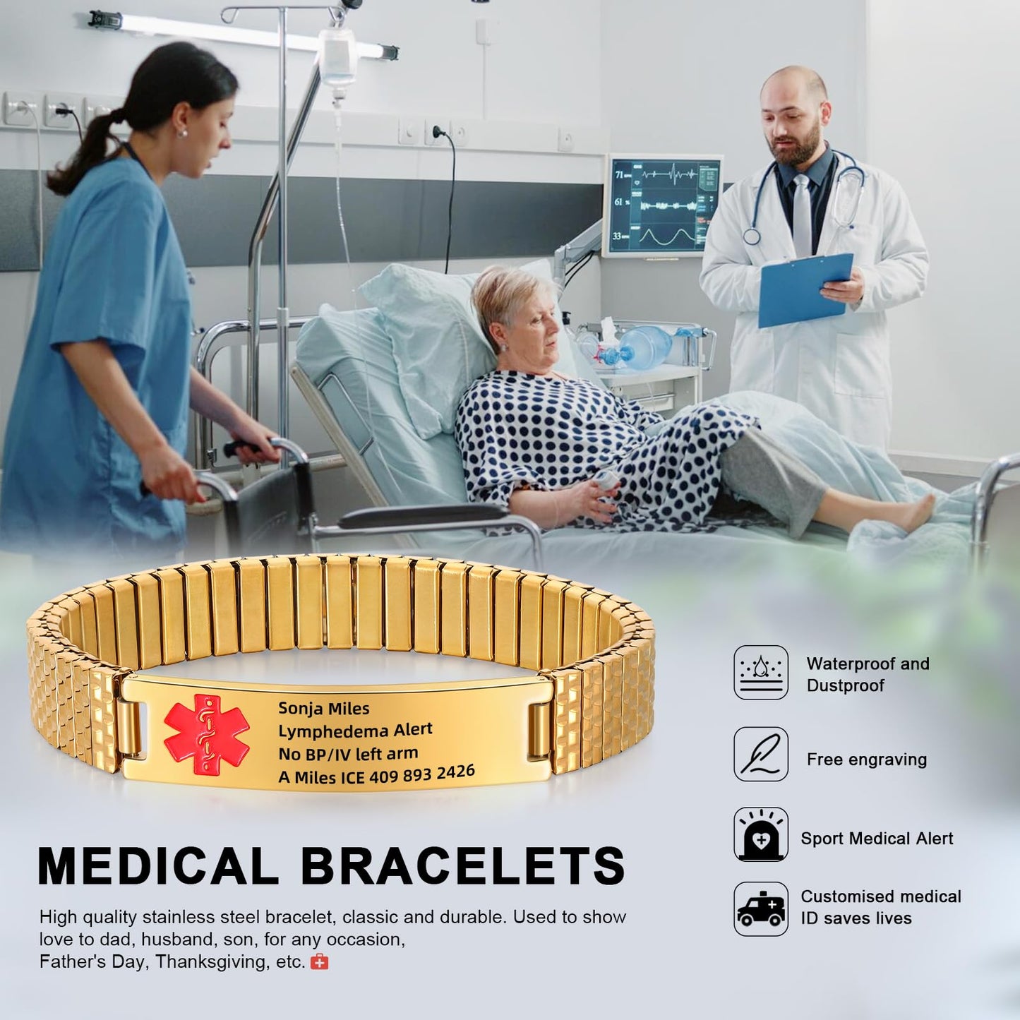 Personalized Medical ID Bracelets for Men - Custom Emergency Alert Bracelet for Women Engraved Medic Info Elastic Stainless Steel Bracelets for Family Autism Allergy Diabetic Epilepsy (Gold, 19.5cm)