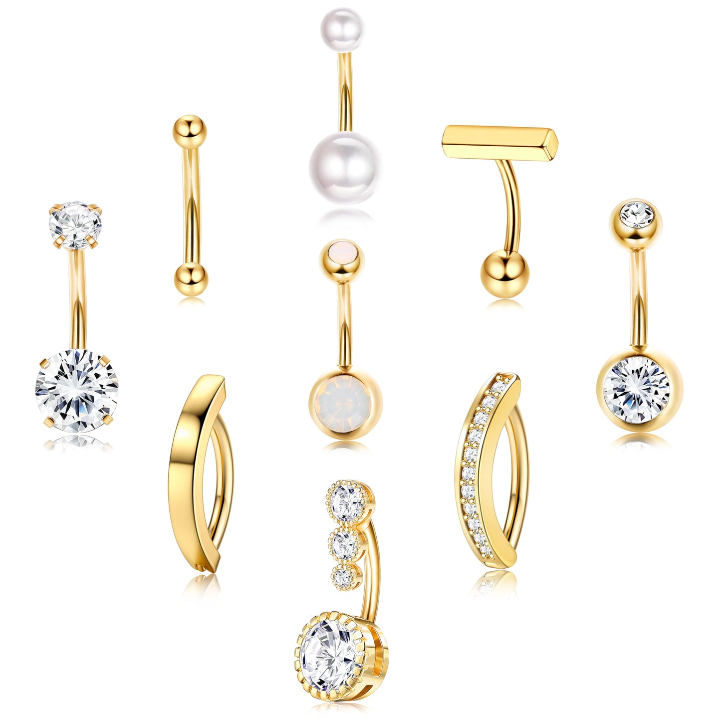 FIASASO 9 Pcs Gold Plated Belly Button Ring Surgical Stainless Steel Belly Rings CZ Opal Pearl Belly Button Ring Clicker Belly Piercings for Women Navel Piercings Pack Gold Plated