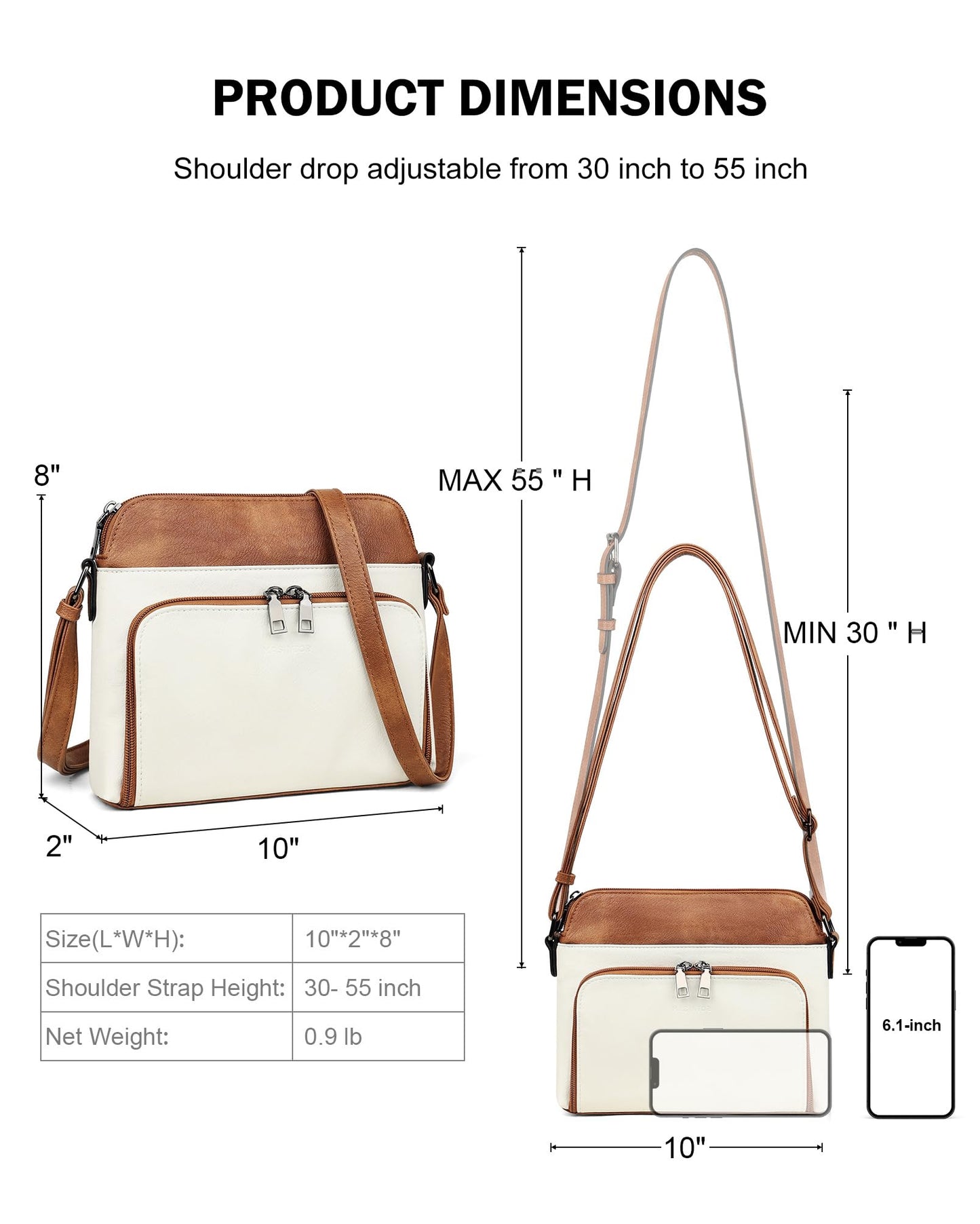MASINTOR Crossbody Purse Bags for Women, Multi-Pocket Soft Leather Shoulder Purse, Lightweight Travel Handbag with Adjustable Strap Gypsum White with Brown
