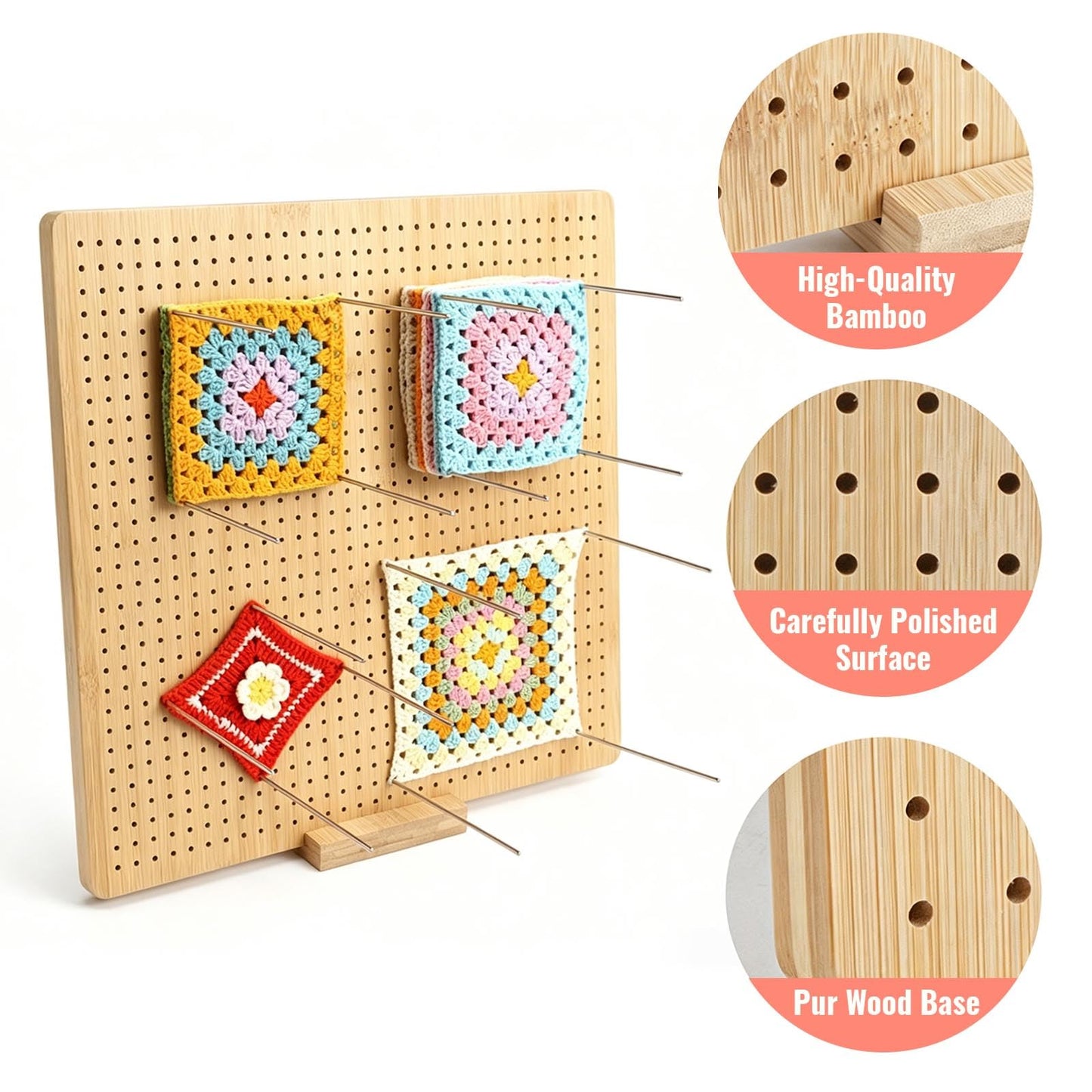 9x9 Inch Crochet Blocking Board, Bamboo Granny Square Blocking Mat with 12 Stainless Steel Pegs, Wooden Base and 5 Yarn Needles, Gifts for Crocheters