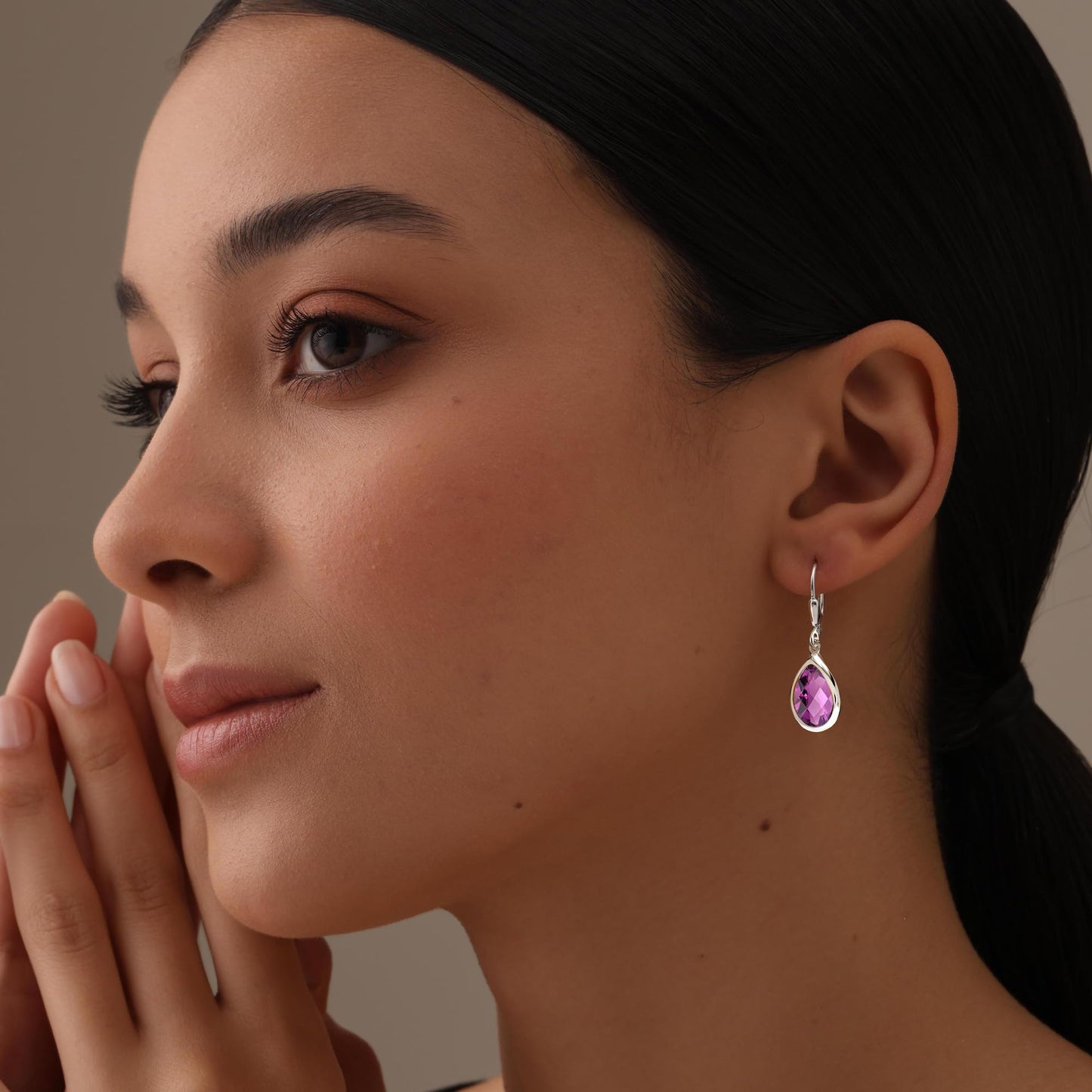 LeCalla 925 Sterling Silver Teardrop Leverback Earrings for Women | Pear Shaped Amethyst Gemstone Dangle Earrings 32MM
