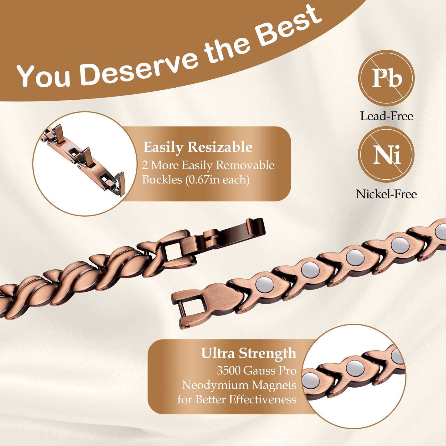 Feraco Copper Bracelet for Women 99.99% Solid Copper Magnetic Bracelets, Unique X Shape Links, Magnetic Field Therapy Jewelry Gifts (Fishtail + Ring)