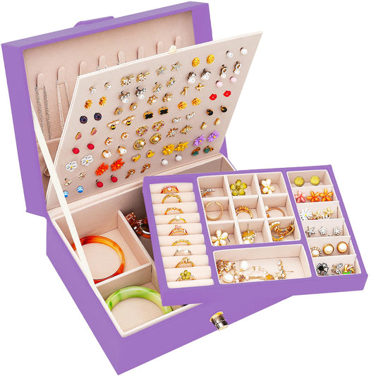 Earrings Jewelry Box for Girls, Large Capacity Jewelry Organizer with 40-Pair Earring Board, 2-Layer Leather Jewelry Storage Box for Necklaces Rings Bracelets with Removable Tray(Gift Idea),Purple