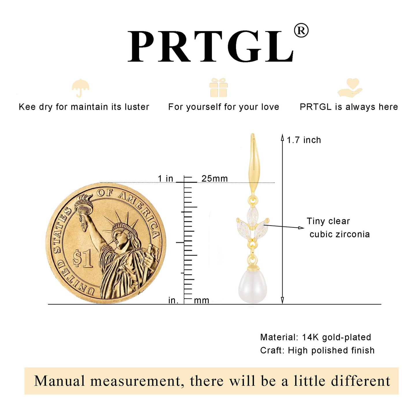 PRTGL Pearl Earrings: 14k Gold-plated Cubic Zirconia Accented Pearl Dangle Wedding Engagement Earrings For Women Bridal Bridesmaid Fish Hook