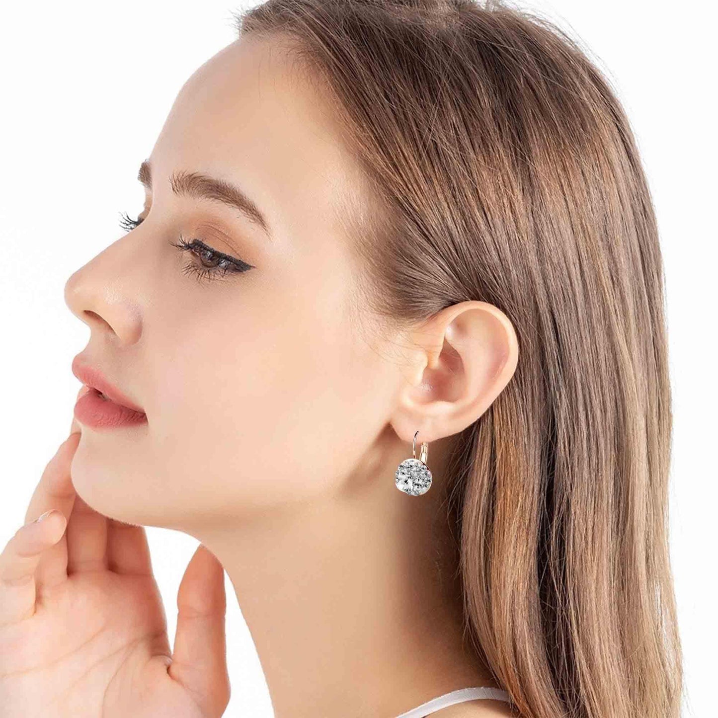 Multicolored Austrian Crystal Leverback Earrings for Women 14K Gold Plated Dangle Hoop Earrings Hypoallergenic Jewelry (Clear White/Rose Gold-tone)