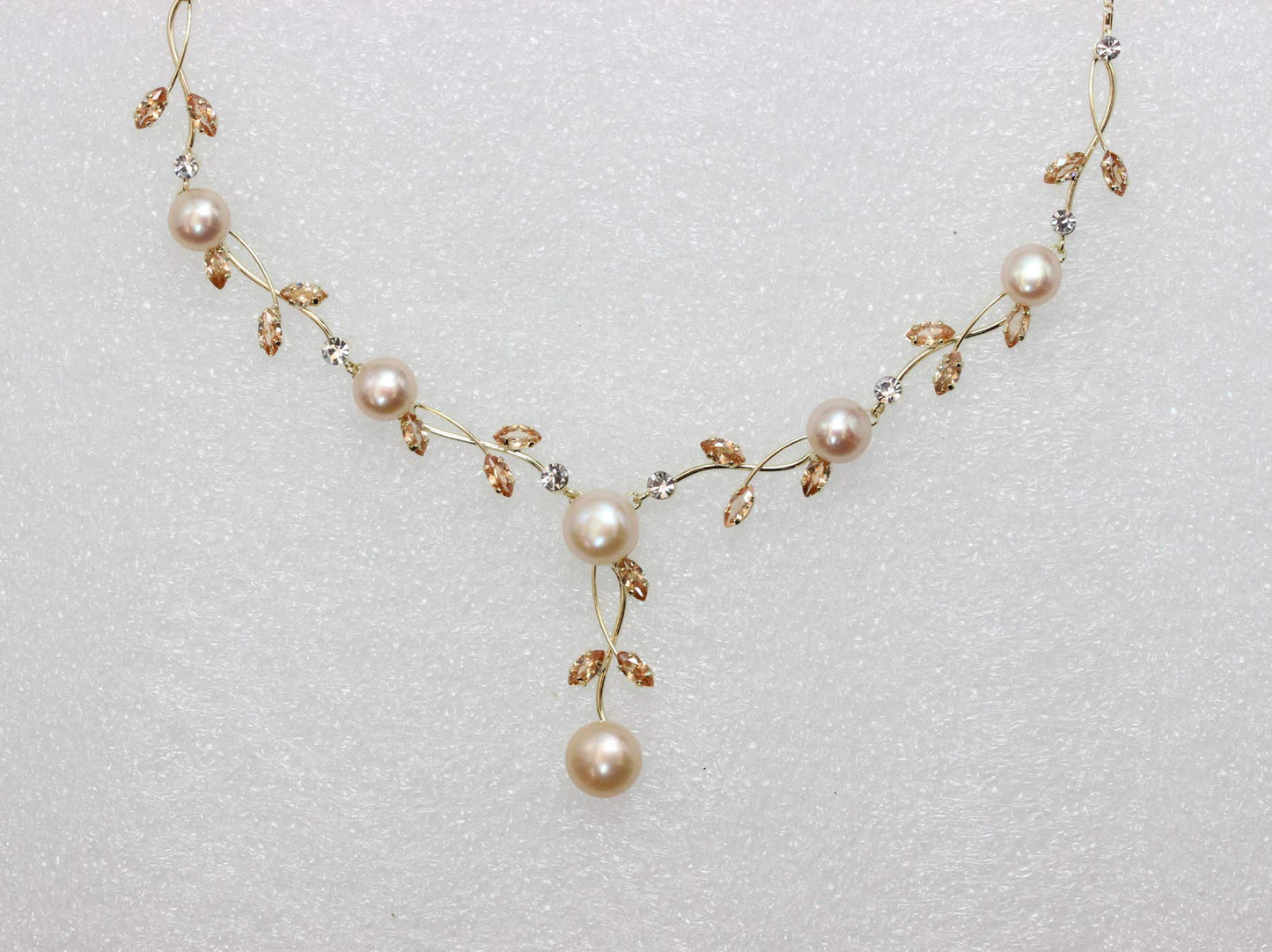 Faship Champagne Brown CZ Crystal Pink Genuine Freshwater Pearls Floral Necklace Earrings Set - Topaz Color Brown