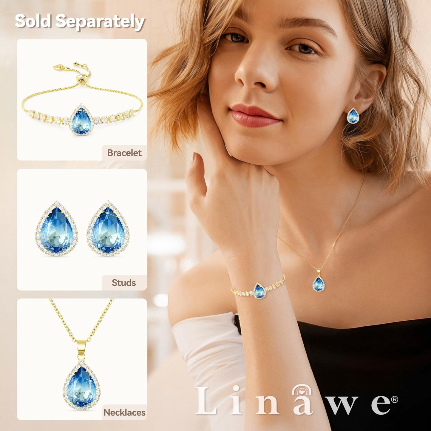 Linawe Aquamarine Blue Stud Earrings for Women Trendy, 14K Gold Cubic Zirconia Earrings Studs, Imitation Diamond Rhinestone Crystal Iridescent Cute Earrings Piercing Jewelry Set