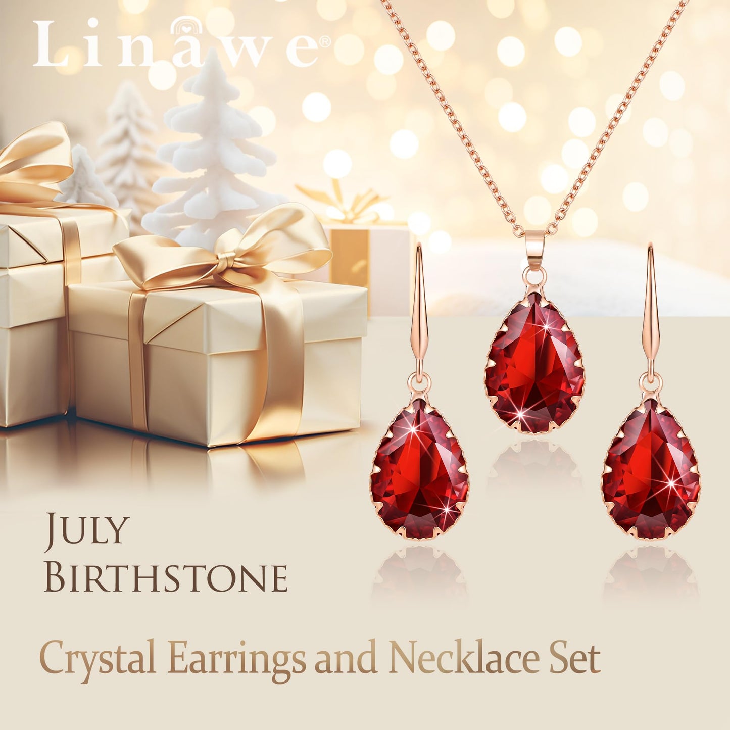 Linawe Lab Created Garnet Ruby Crystal Wedding Jewelry Sets Rose Imitation Gold Plated, Imitation Diamond Pendant Necklace Set, Drop Dangle Red Earring Set, Teardrop Rhinestone Fake Birthstone Matching Jewelry for Women