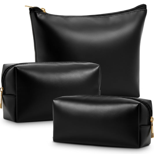 Kigeli 3 Piece Leather Makeup Bag Set Graduation Women Gifts PU Leather Makeup Toiletry Bag Bridesmaid Cosmetic Pouch Small Aesthetic Travel Purse for Wedding Birthday Women Gifts(Black)