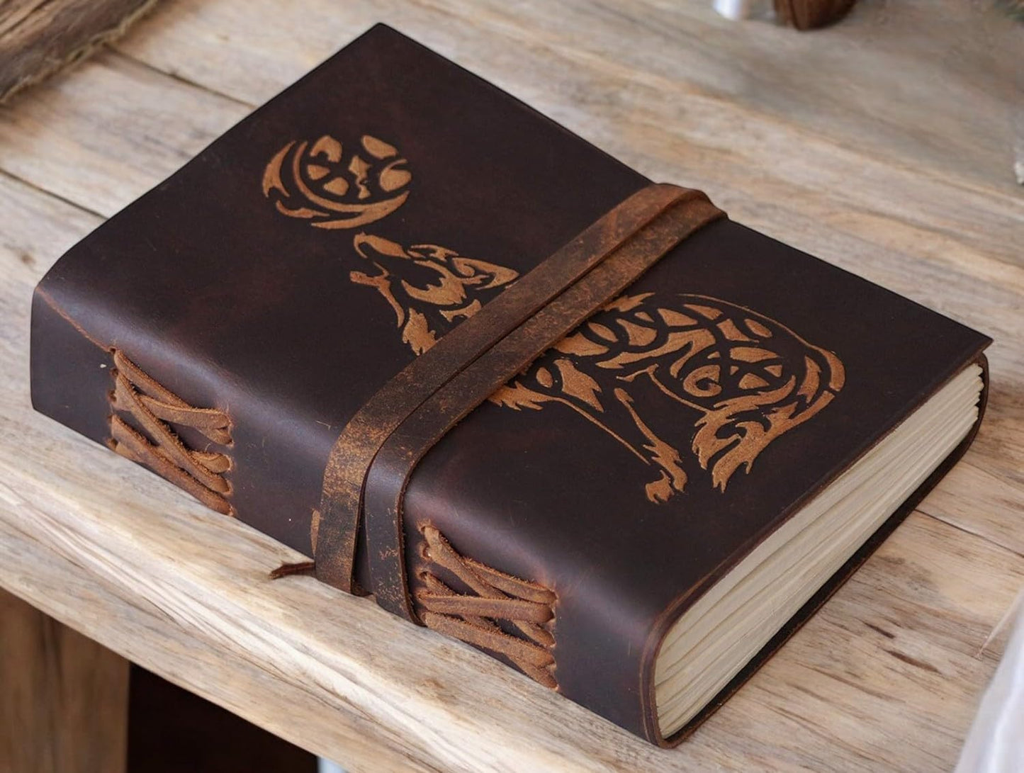 Wolf Leather Journal Book of Shadows Notebook Handmade Daily Notepads for Men & Women Blank Paper 7x5 Inches - Best Gift for Art Sketchbook, Notebook Wolf Lovers Unique Gifts For Mom ,Sister Gifts for Wife her ,Wolf Stuff Gifts for Men Women (Brown)