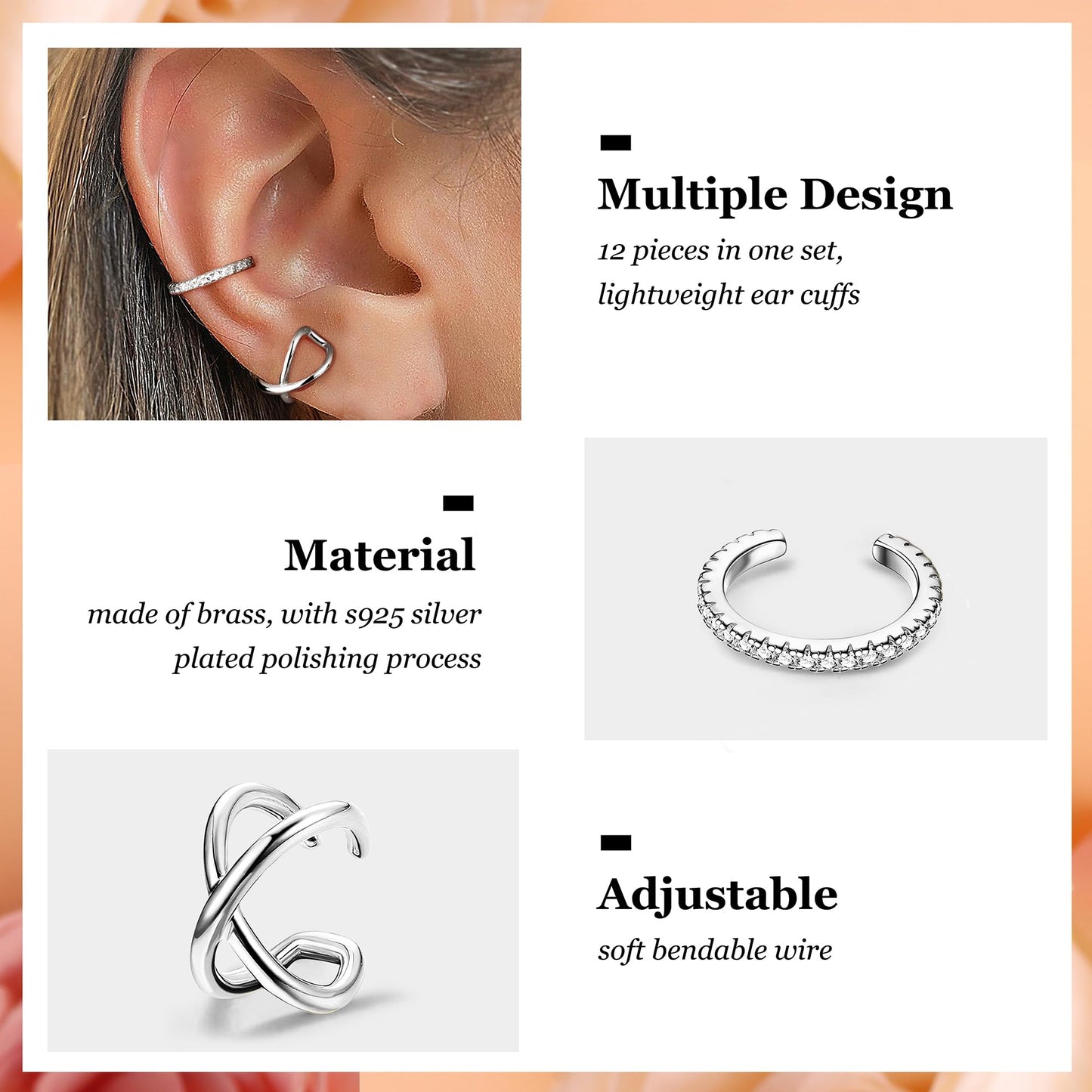 Dochais 9Pcs Ear Cuff 14K Gold Plated Cuff Earrings Gold Ear Cuffs Non Pierced Ear Clips Cartilage Earring Fake Earrings (12pcs-Silver)