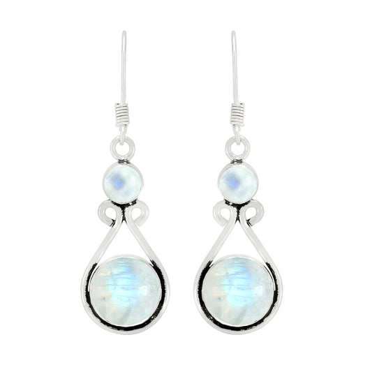Natural Moonstone Silver Plated Dangle Earrings for Women - June Birthstone Round Gemstones Drop Earrings Handmade Jewelry - Anniversary Wedding Gift for Her