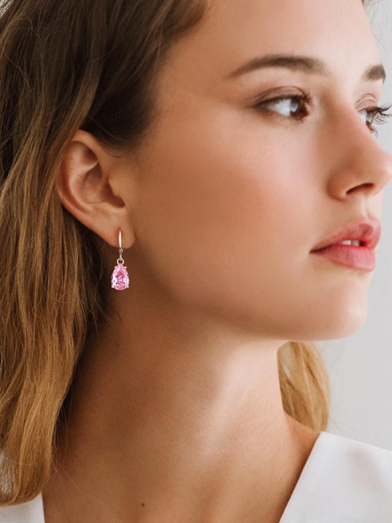 Bestyle Silver Pink Tourmaline Drop Earrings | Hypoallergenic Silver Huggie Hoop Leverback Earrings | Small Sparkle Teardrop October Birthstone Dangle Earrings For Women