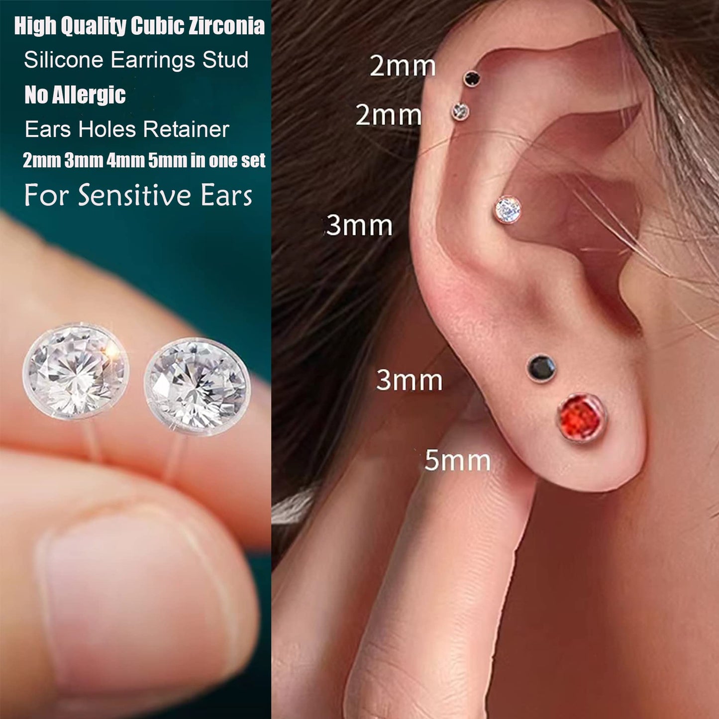 OwlkOrmy 8 Pairs Anti Allergy Plastic Earrings for Sensitive Ears & Include 8 Pairs Silicone Soft earring backs, Birthstone Cubic Zirconia Stud Earrings Kit 2mm 3mm 4mm 5mm in one Set (Black)