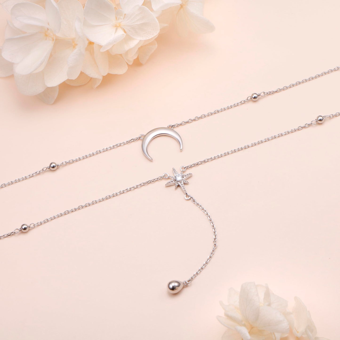FLYOW Moon Star Layered Necklace for Women S925 Sterling Silver Double Choker Y Lariat Long Chain Necklace Birthday Mother Daughter Necklace for Ladies Mother Wife