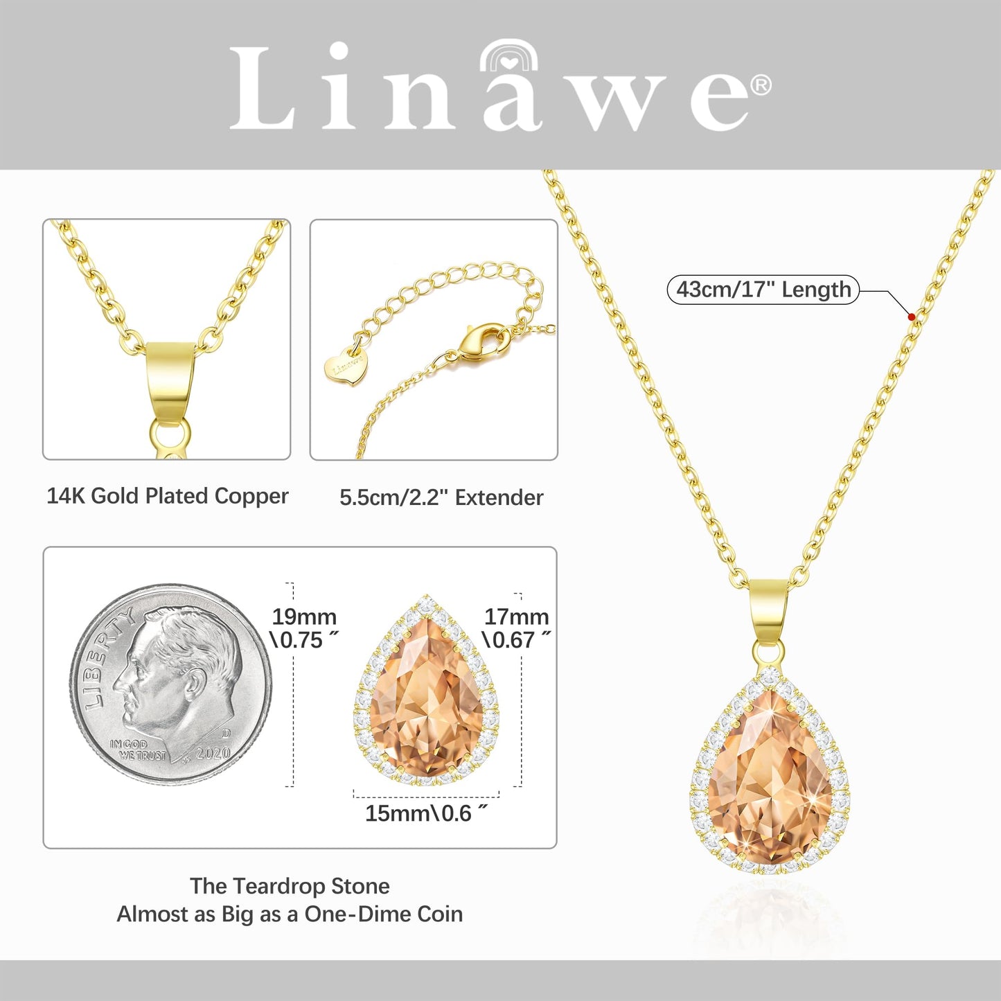 Linawe Gold Color Rhinestone Pendant Necklace for Women Trendy, Champagne Cubic Zirconia Crystal Fake Diamond Tear Drop Necklaces, Dainty Costume Simple Moissanite Gemstone Necklace