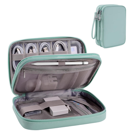 Bevegekos Tablet Accessories Case Bag, Travel Large Electronics Organizer for Chargers & Cords, Cables, 7.9 Inch Tablet, Airplane Essentials, 2 Layers (Mint Green)