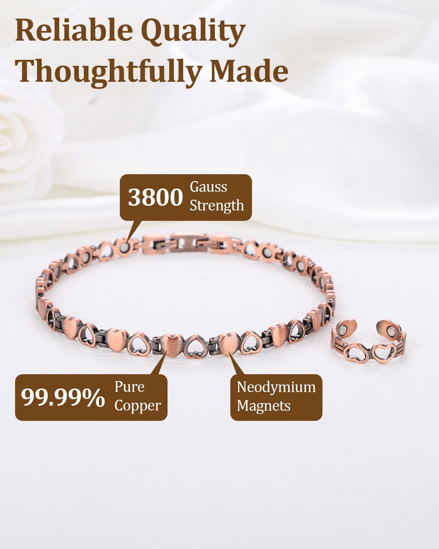 Fashtour Copper Anklet and Ring Set for Women, 99.9% Pure Copper Magnetic Ankle Bracelet with 3500 Gauss Magnets, Adjustable Jewelry Gift (Heart Degisn)