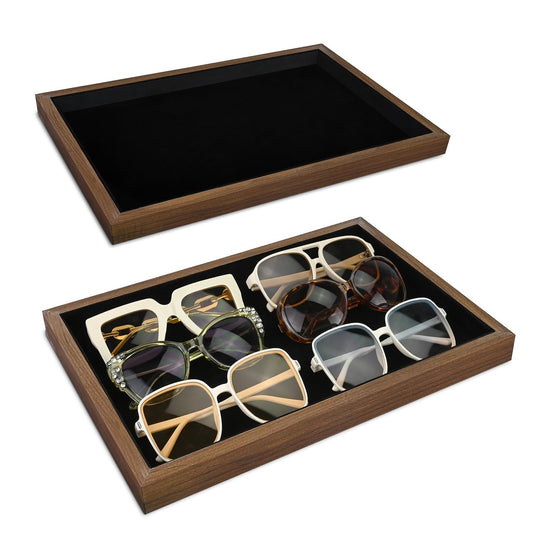 MOOCA 2 Pcs Wooden Jewelry Display Tray, Presentation Tray, Organizer for Rings, Necklaces, Earrings, and Accessories, Walnut Color with Black Suede, 14" W x 9.6" D x 1.2" H