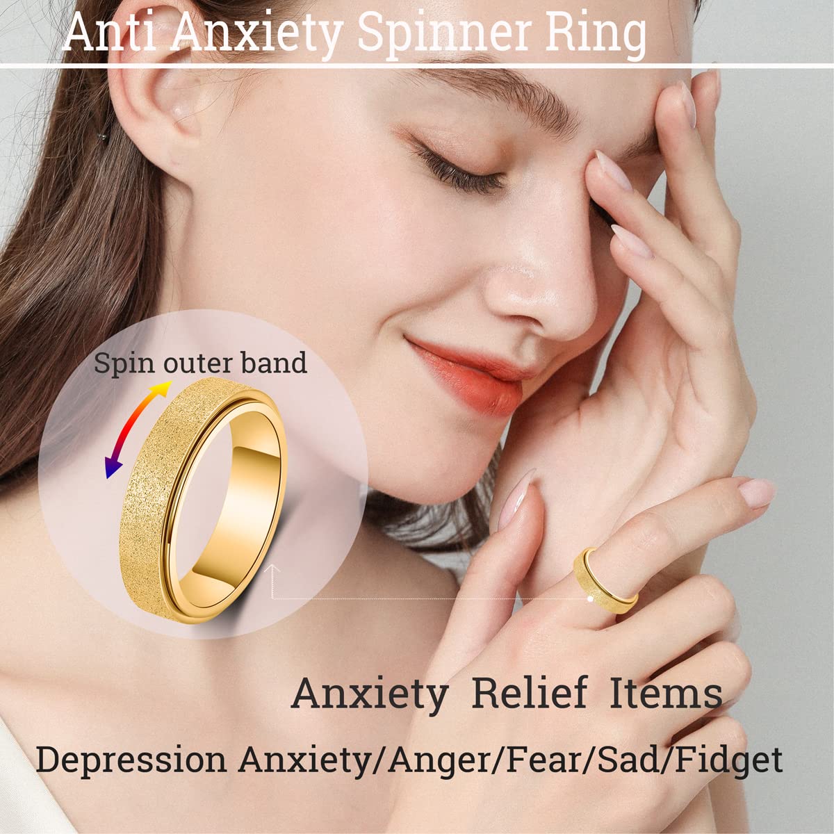 OreilleStar Anxiety Ring for Women Men Titanium Stainless Steel Fidget Toys Adults Spinner Ring 6mm Wide Cool Thumb Rings Band Rings Hand Polished Gold Size 9