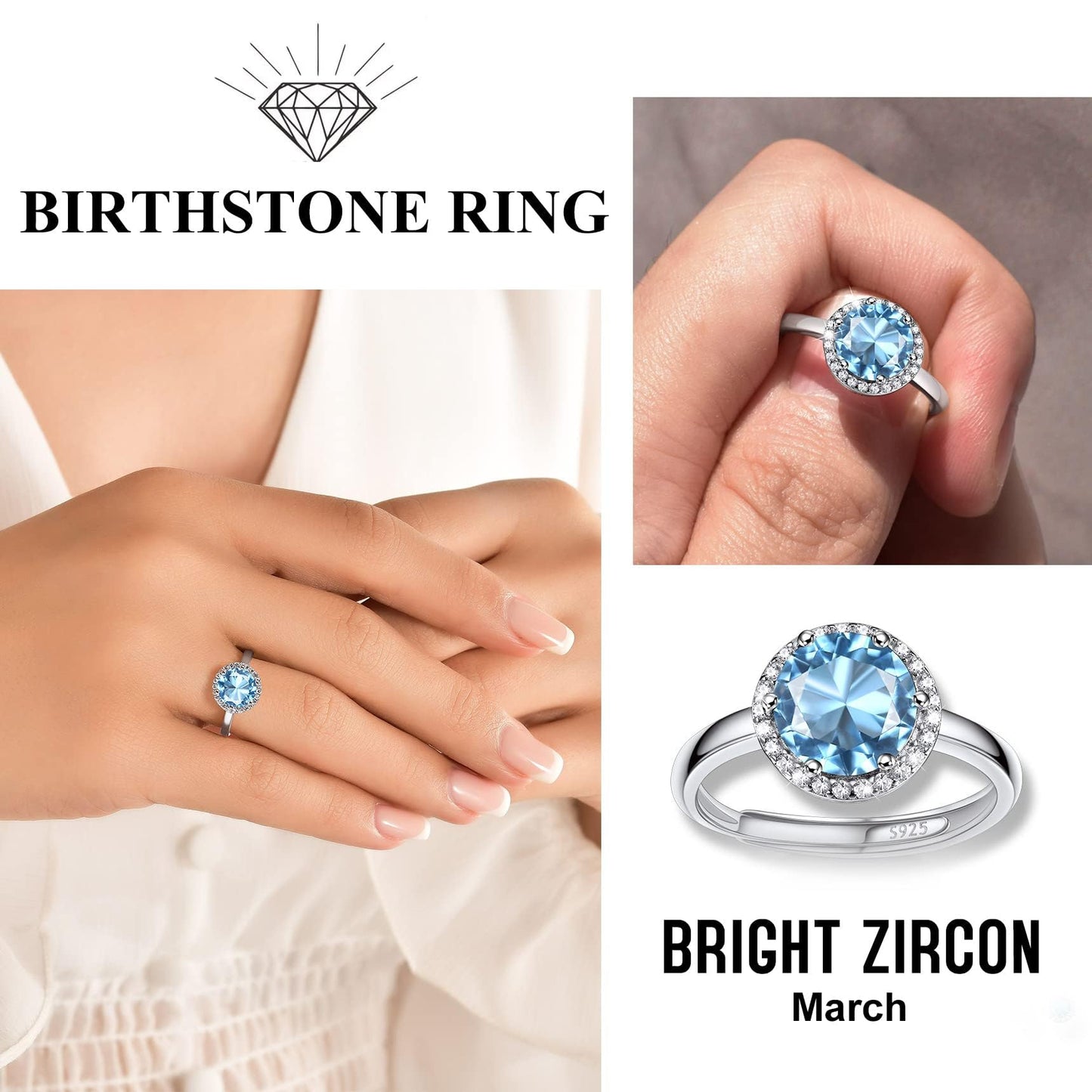 Bestyle 925 Sterling Silver Love Round Cubic Zirconia Rings March Aquamarine Crystal Gemstone Rings for Women, Hypoallergenic Adjustable Rings for Every Finger