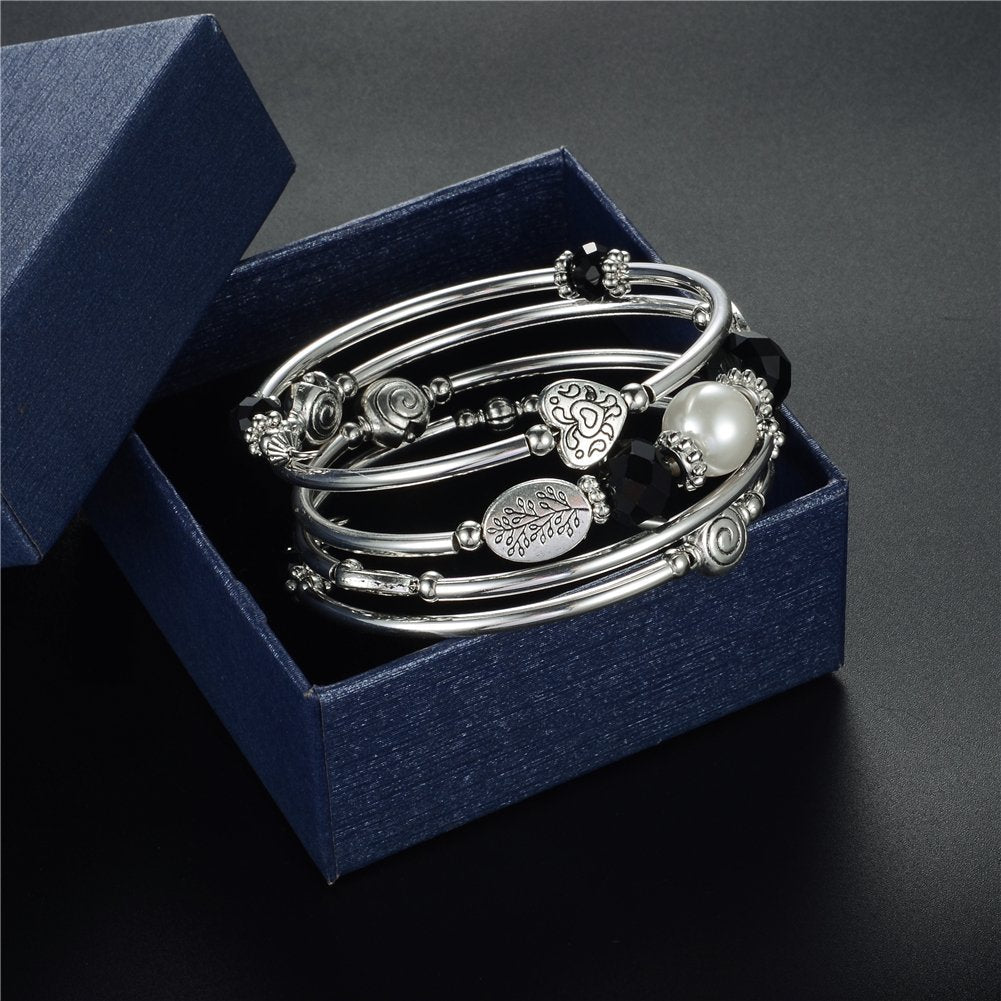 PEARL&CLUB Bead Crystal Wrap Bangle Bracelet - Fashion Jewelry Beaded Bracelet with Silver Metal, Gifts for Women(92-Black)