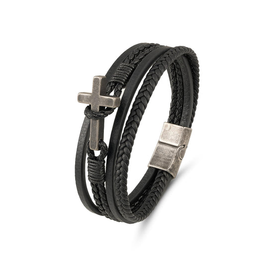Mrcaois Retro Black Leather Bracelet Men, Vintage Cross Charm Bracelets - Genuine Leather Woven Strap for Graduation - Black, 8.3 Inch