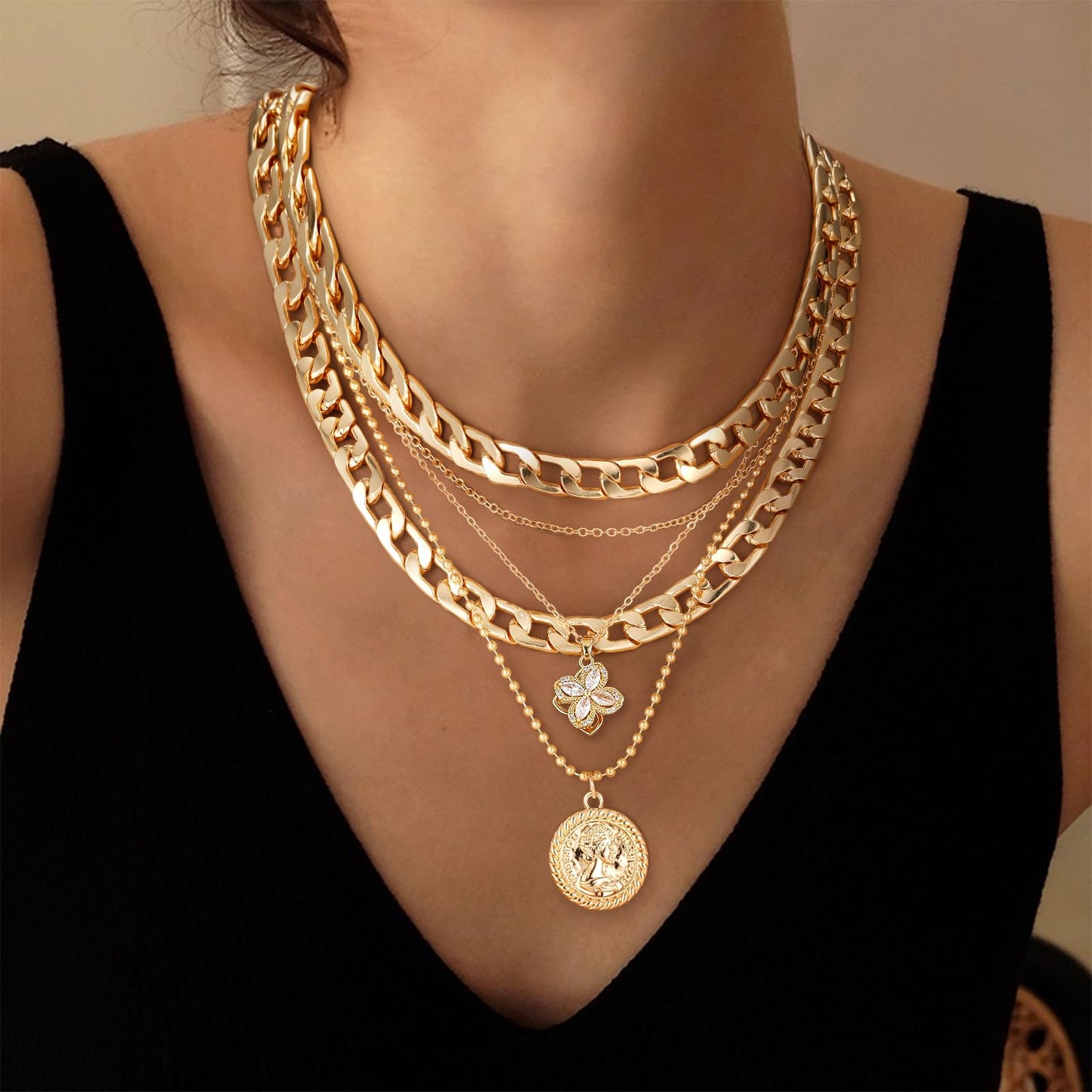 MJartoria Gold Layered Necklaces for Women Trendy Retro Coin Pendant Necklace Dainty Chunky Chain Choker Necklaces for Jewelry Birthday Gifts (Gold, A-Z-Rotatable Clover+Rhinestone-5 in 1 Layered)