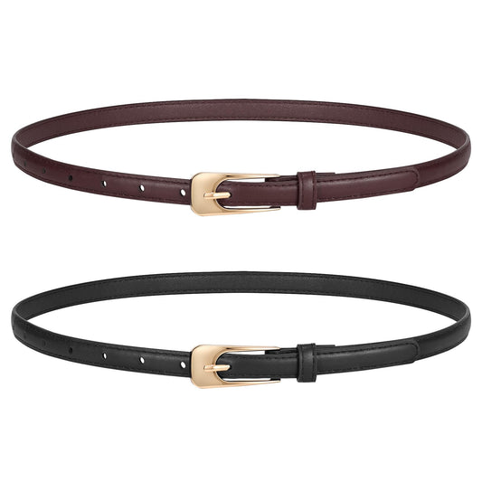 LEACOOLKEY 2 Pack Women Thin Leather Belts Ladies Skinny Waist Belt for Dresses Jeans 0.55" Width