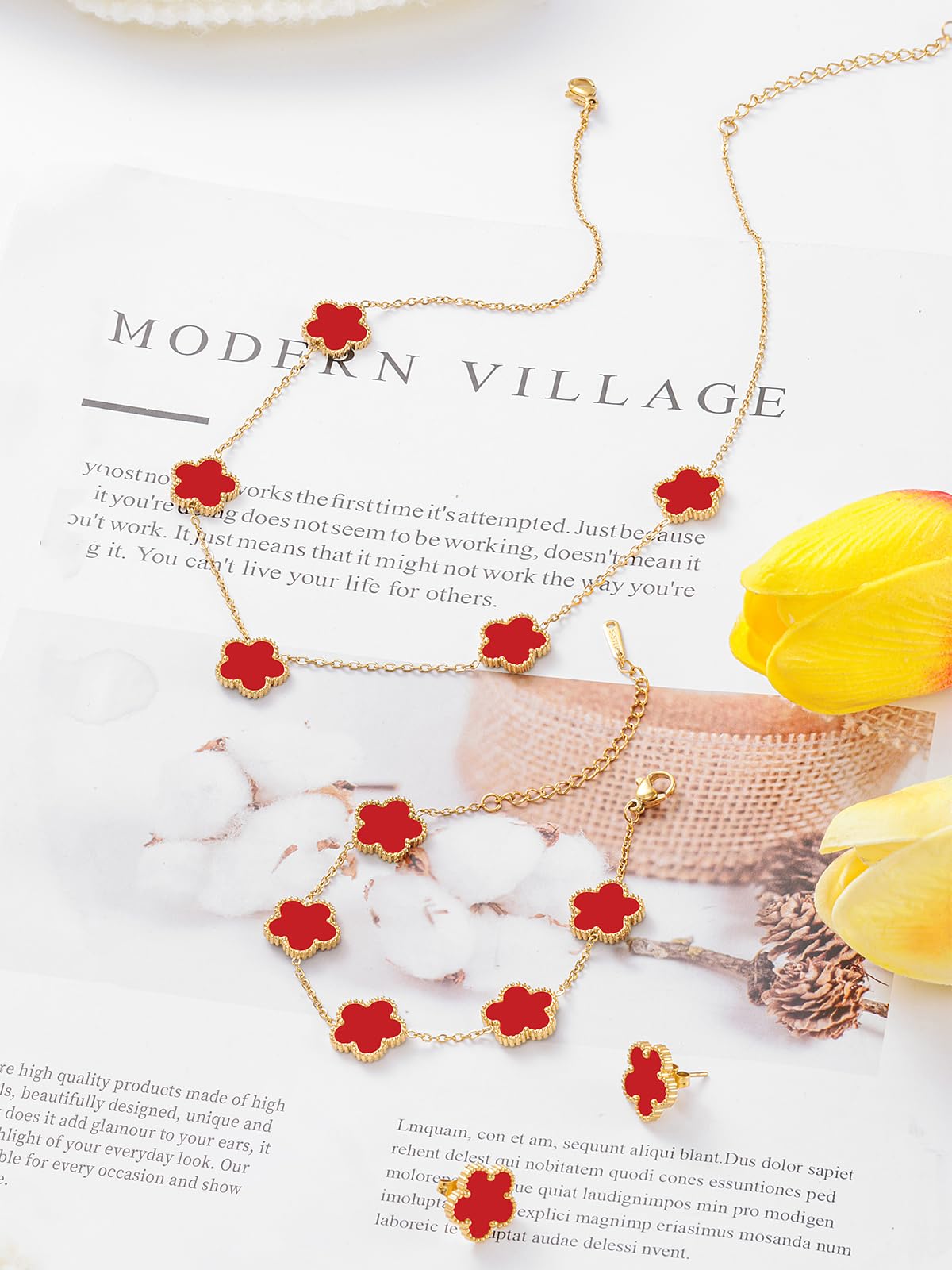 Qinpan Five Leaf Clover Necklace Bracelet and Stud Earrings Set for Women Lucky Flower Jewelry (Red-14K Gold Plated)