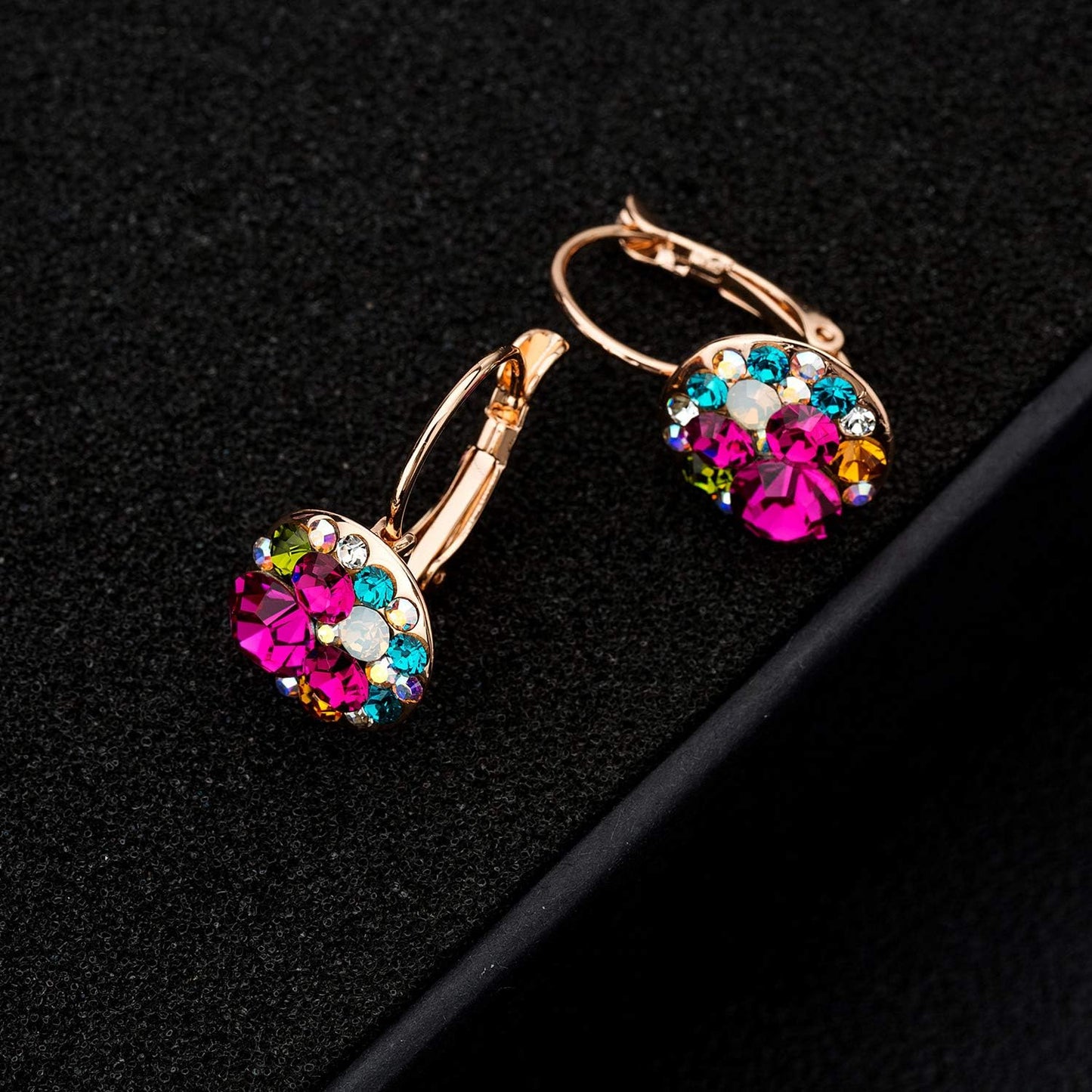 Multicolored Austrian Crystal Drop Earrings for Women 14K Gold Plated Leverback Dangle Hoop Earrings (Rose Main Crystal/Rose Gold-tone)