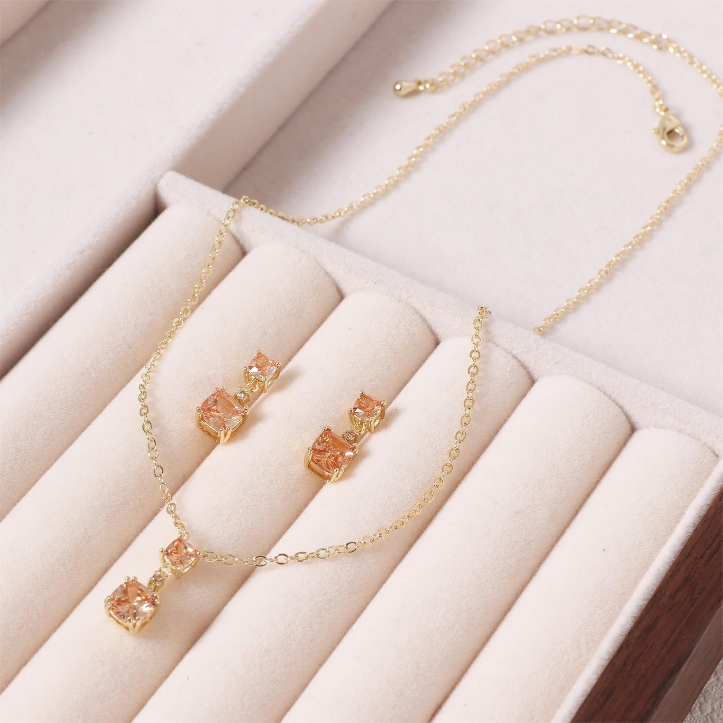 TaYolnFaSo Champagne Cubic Zirconia Jewelry Sets for Women 14k Gold Plated Cushion-Cut Necklace Earring Set Jewelry Birthday Gifts for Mother