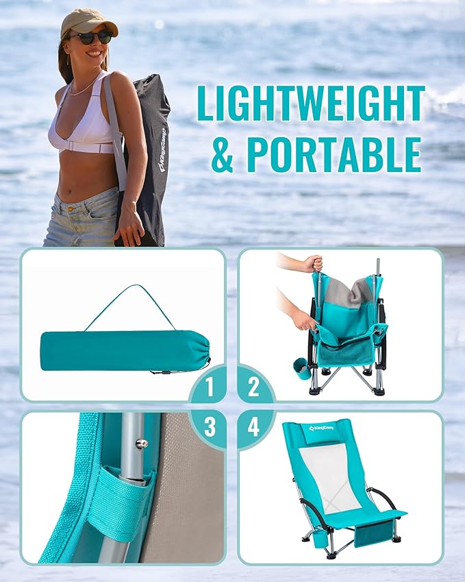 KingCamp Low Beach Chairs, Portable Folding Chair for Adults Extra Wide Ergonomic High Back Seat 300lbs Heavy Duty Lightweight Oversized Gear with Carry Bag for Outdoor Lawn Camping Picnic