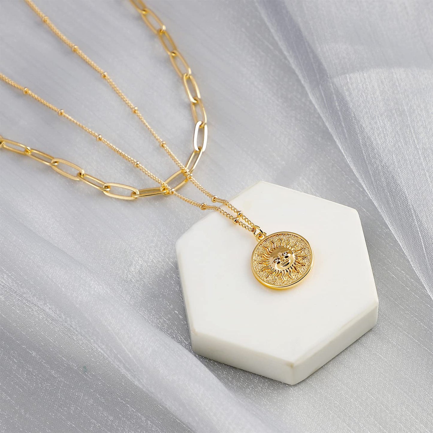 MEVECCO Gold Layered Choker Necklace for Women, 18K Gold Plated Dainty CZ Sun Face Pendant Minimalist Paperclip Double Layer Necklace for Jewelry