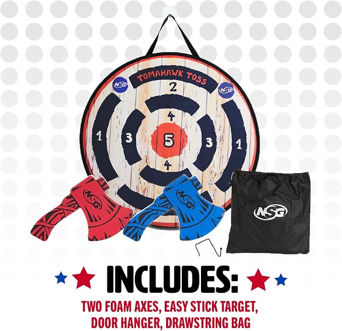 NSG Tomahawk Toss - Foam Axe Throwing Game for Kids - Two Lightweight Axes with Large Easy Stick Target, Wood/Black/red/Blue (JS7000)