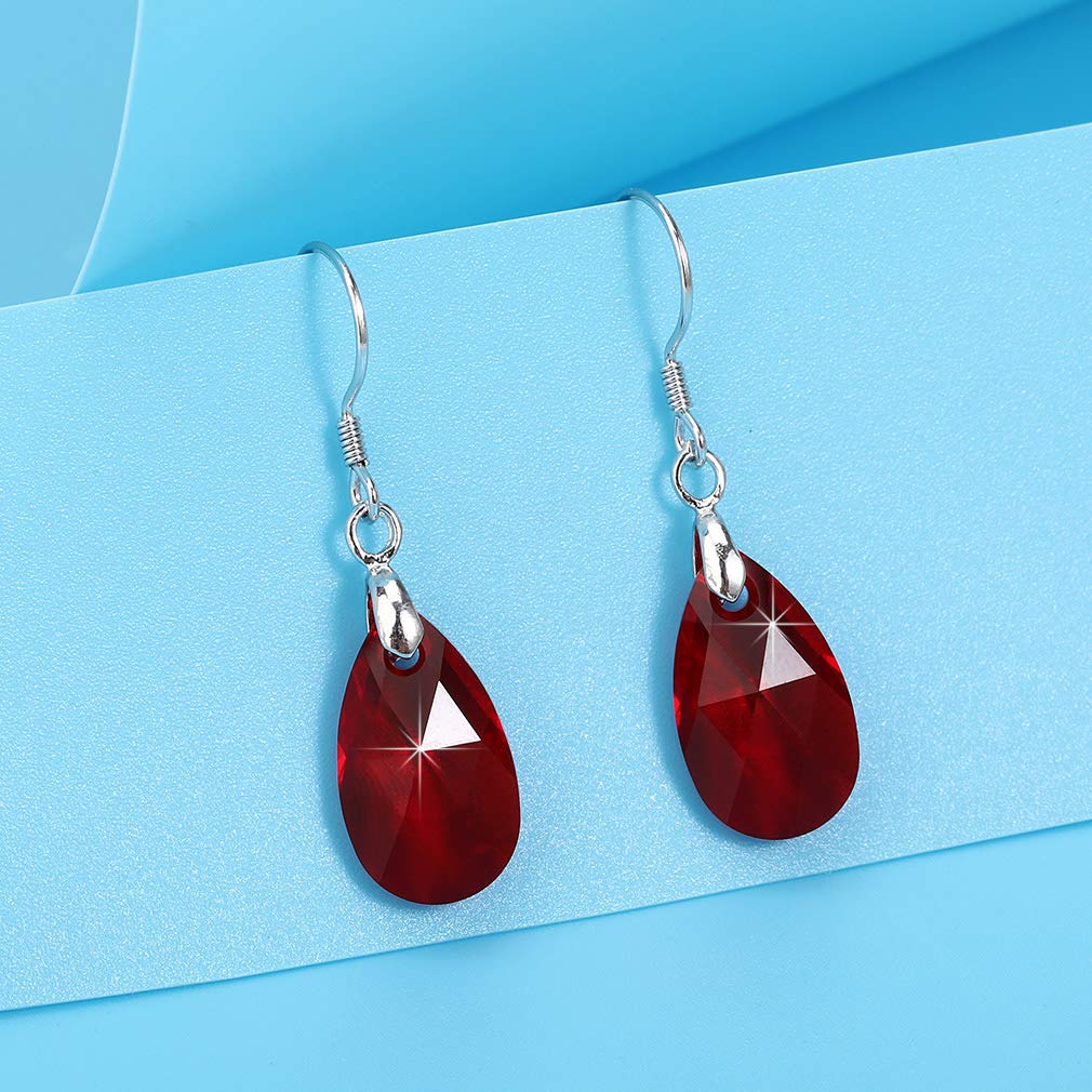 Teardrop Austrian Crystal Drop Dangle Earrings for Women 925 Sterling Silver Hook Hypoallergenic Earring (Red)