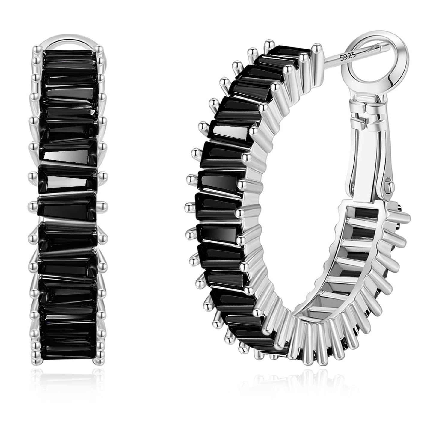GLOQUAT Black Hoop Earrings White Gold Plated Hoop Earrings 925 Sterling Silver Post Vintage Baguette Cubic Zirconia Earring Fashion Round Circle Rhinestone Hoops for Women 25mm