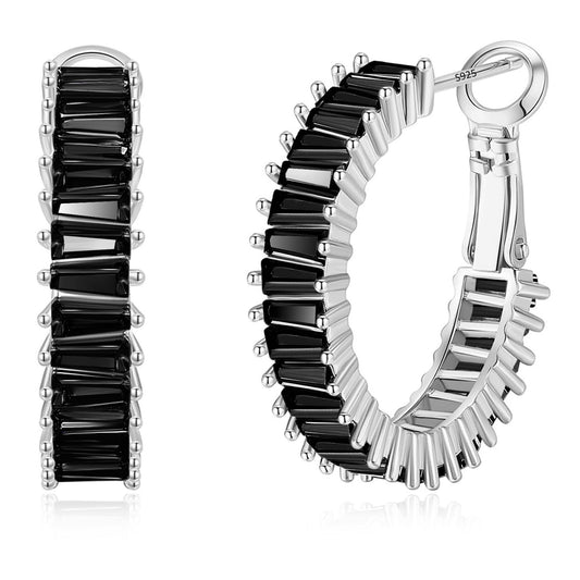 GLOQUAT Black Hoop Earrings White Gold Plated Hoop Earrings 925 Sterling Silver Post Vintage Baguette Cubic Zirconia Earring Fashion Round Circle Rhinestone Hoops for Women 25mm