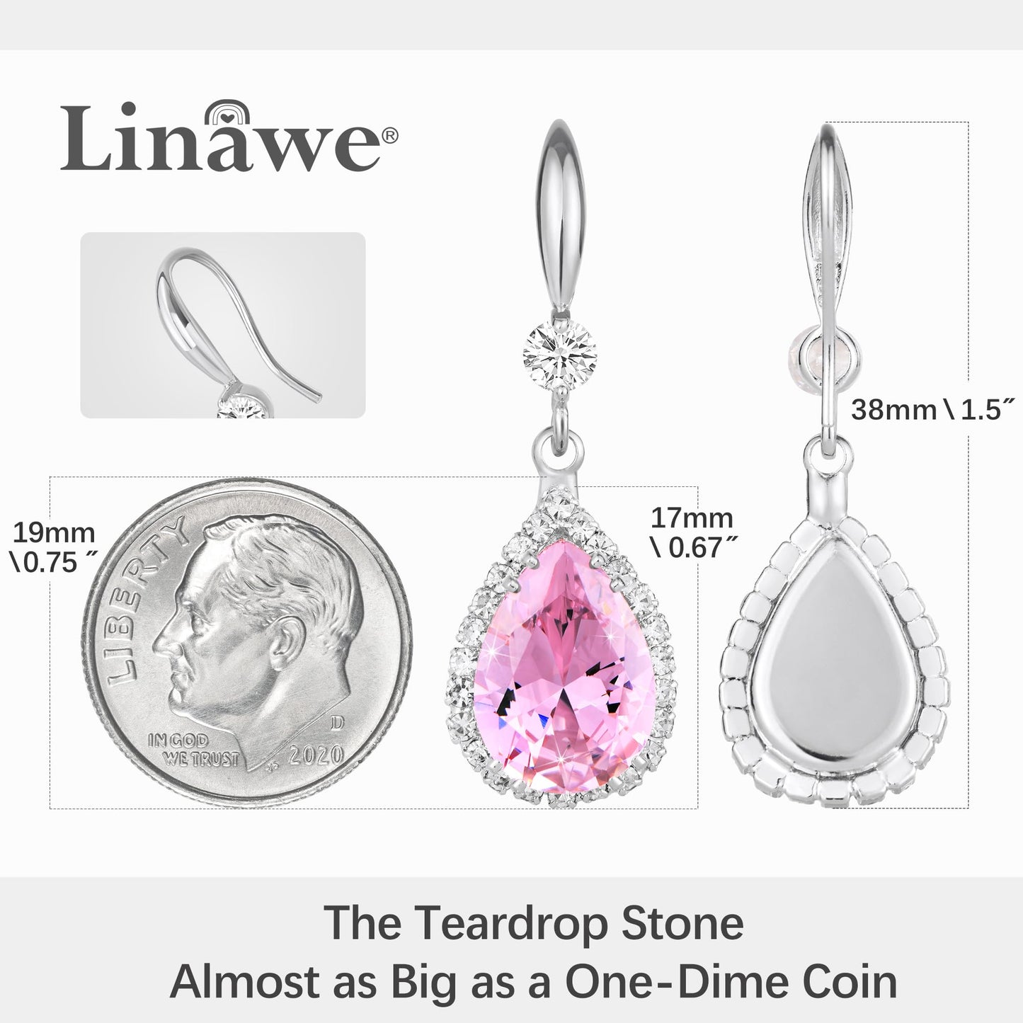 Linawe Pink Imitation Diamond Dangle Silver Chandelier Earrings, Rhinestone Cubic Zirconia Crystal Birthstone Earrings for Women Mom, Wedding Drop Earrings Bride Bridesmaids
