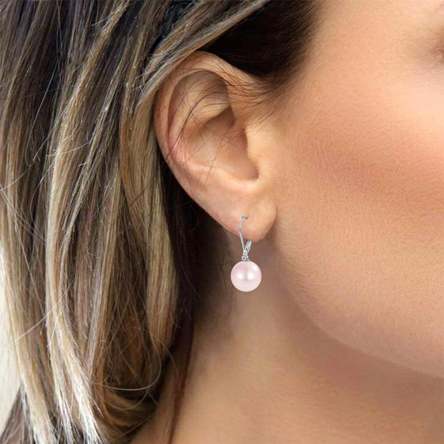 Rnivida 925 Sterling Silver Pink Pearl Leverback Earrings,Hypoallergenic Round Pearls Drop Jewelry Gift for Women