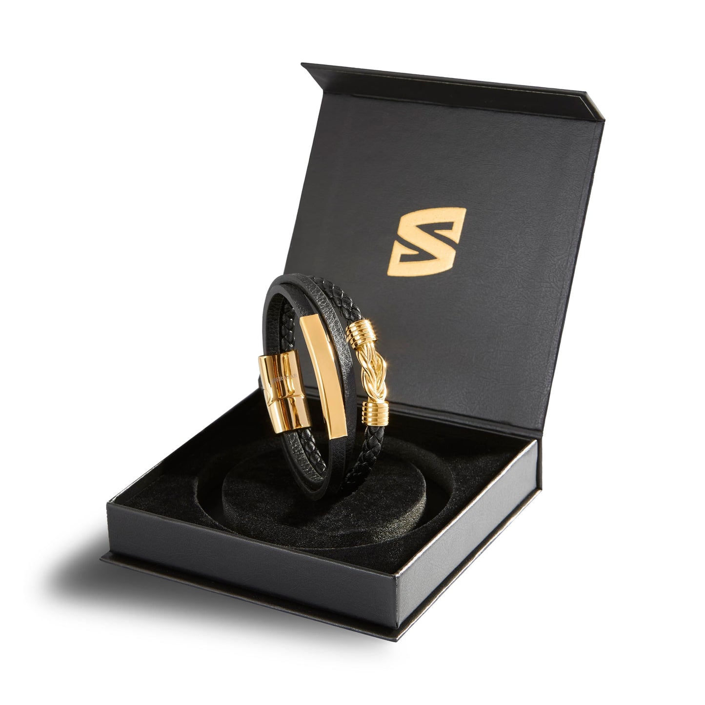 SERASAR Men's Bracelets 20cm Gold Gift Box Genuine Cowhide Leather Braided Adjustable Magnetic Clasp Multilayer Jewelry Rope Male Band Accessories