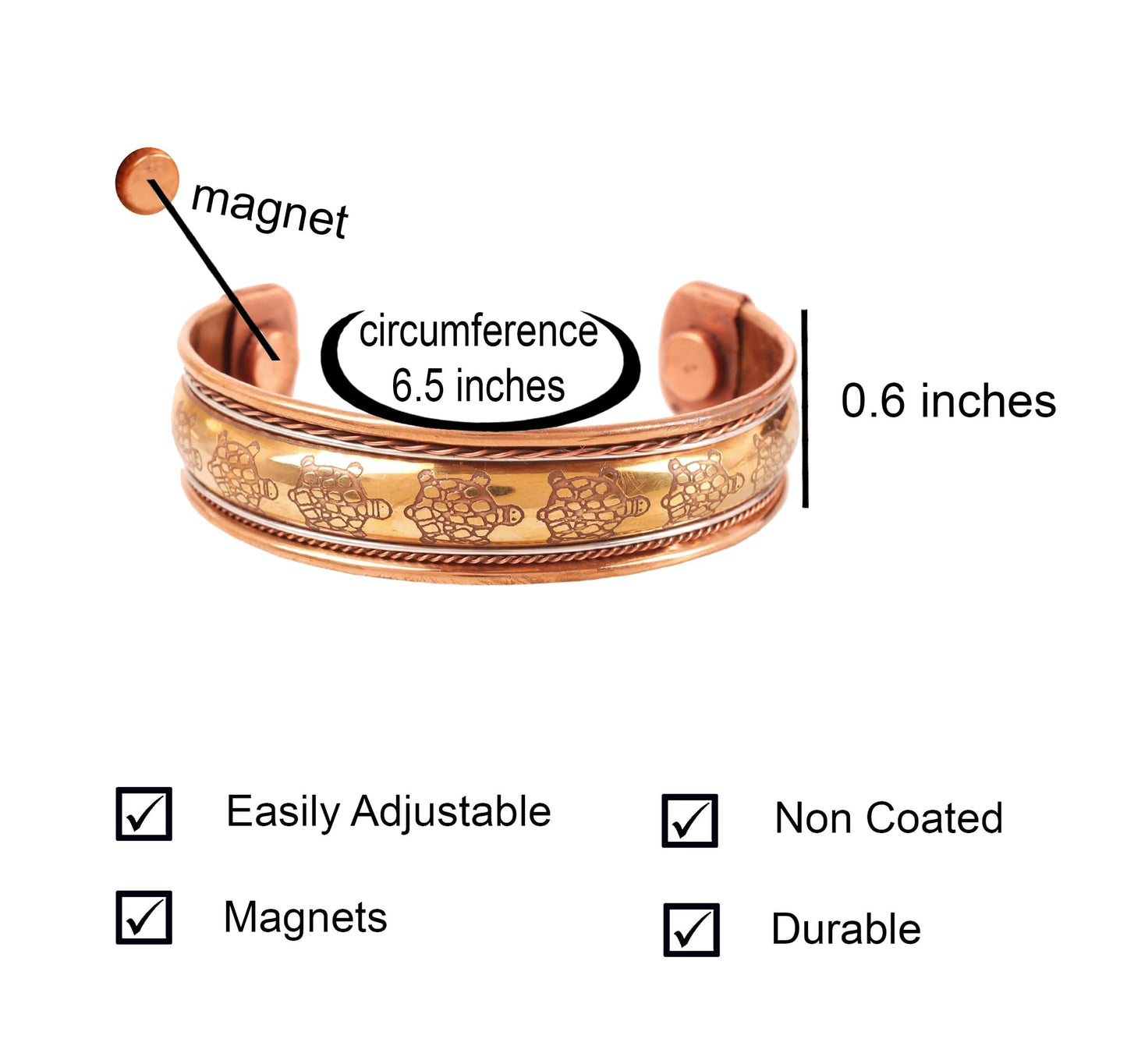 Touchstone handcrafted magnetic copper bracelet. Hand forged with solid and high gauge Tibetan style engraved cuff pure copper jewelry for women men. Tortoise Inspired