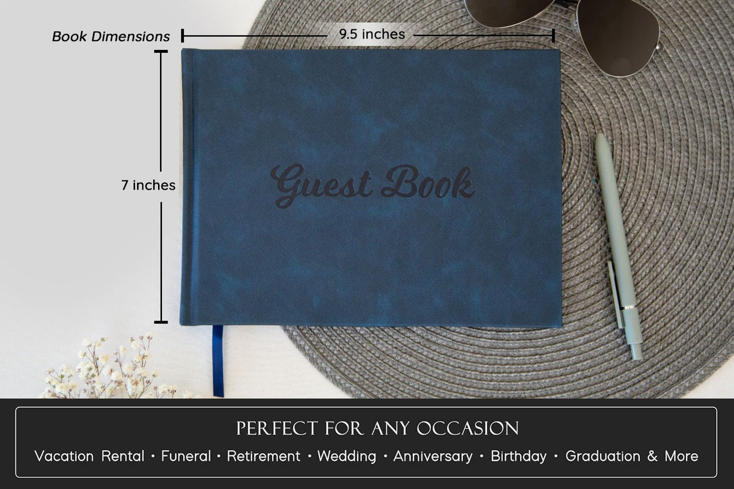Modern Album Designs Navy PU Leather Guest Book - 9.5 x 7 Embossed Guestbook with Name Address Message Lines for Wedding Funeral Retirement Party, 140 GSM Paper, 120 Pages