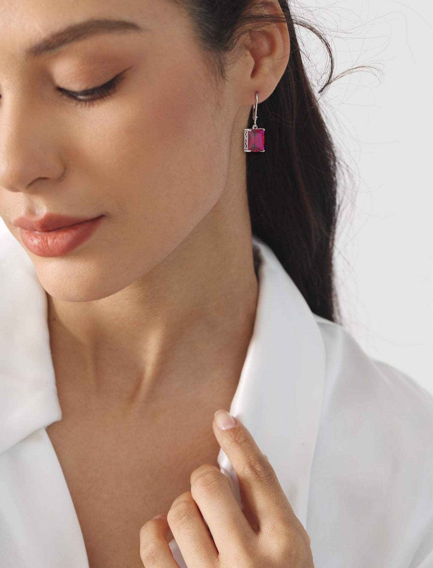 YL Solitaire Dangle Drop Earrings 925 Sterling Silver Leverback Earrings 8X10MM Square Created Ruby Jewelry