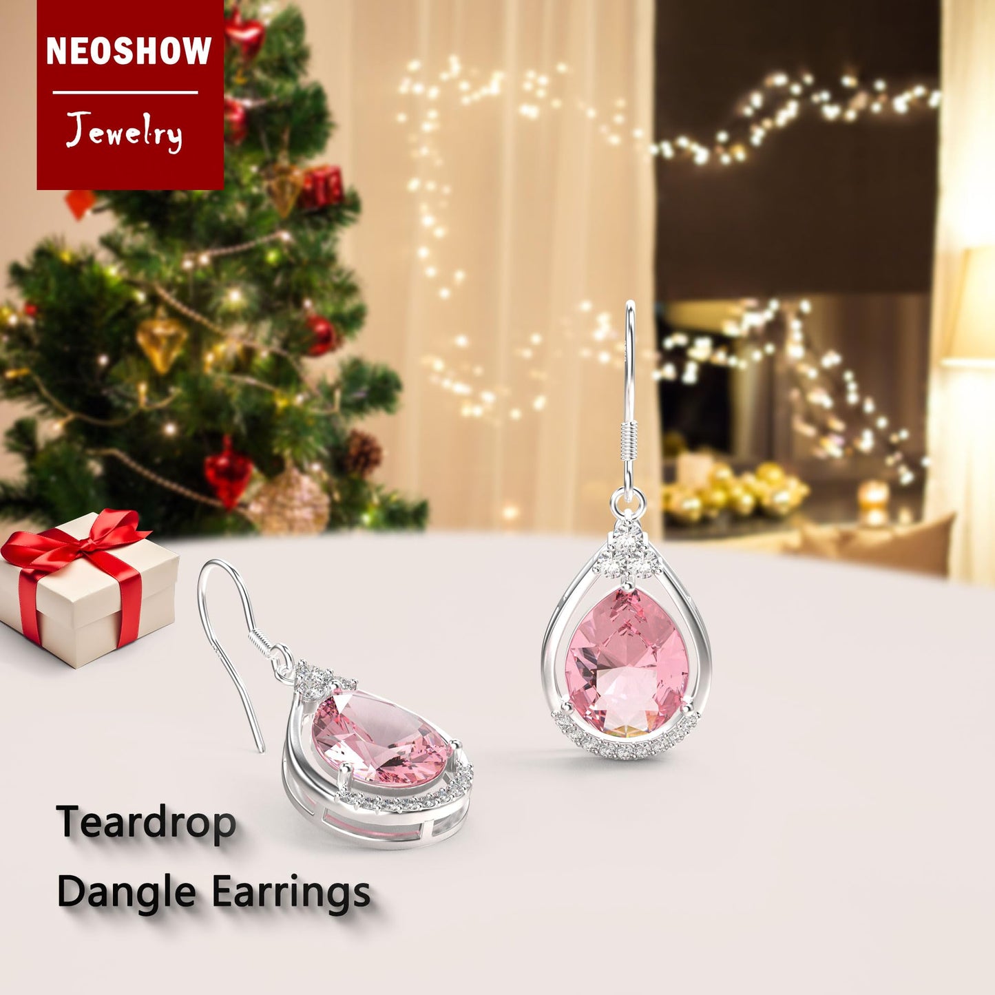18K White Gold Plated Sterling Silver Teardrop Cubic Zirconia Drop Dangle Earrings for Women Pear Cut CZ Diamond Dangle Earrings Hypoallergenic Jewelry (Pink)