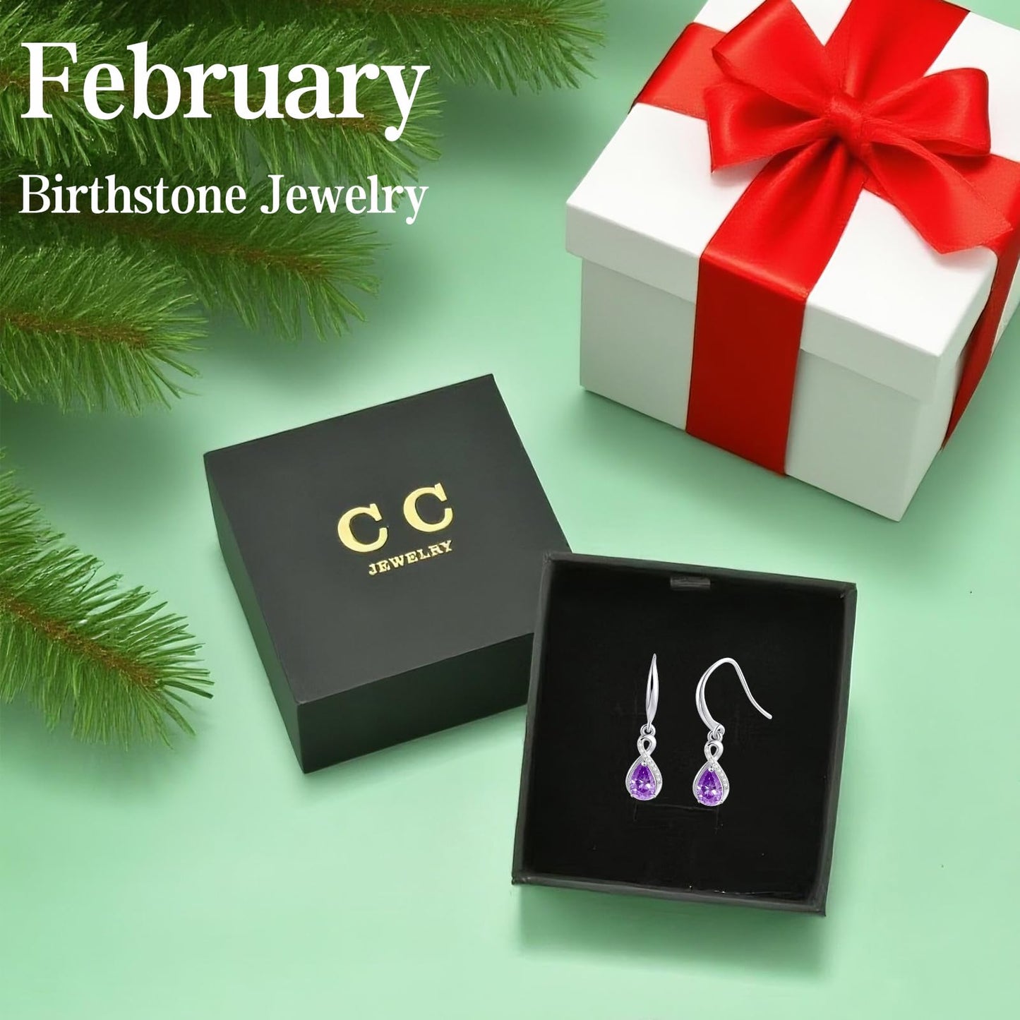 Infinity Birthstone Earrings 18K Gold Plated 925 Sterling Silver Teardrop Infinity Drop Dangle Earrings Amethyst Jewelry Birthday Gifts for Women Her Mother Wife