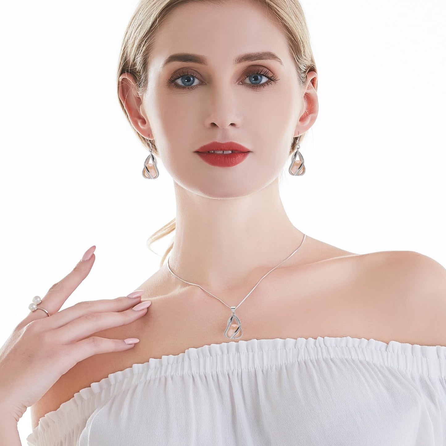 HENGSHENG Pearl Jewelry Set For Women S925 Sterling Silver Necklace & Earrings Set Freshwater Pearl Pendant Cage Set for Wedding Anniversary Prom Birthday Gift - Silvery Pink